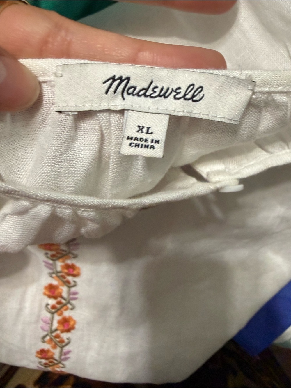 Madewell Embroidered Boho Shift Dress XL White Floral Short Sleeve Ruffle Hem - Picture 6 of 6